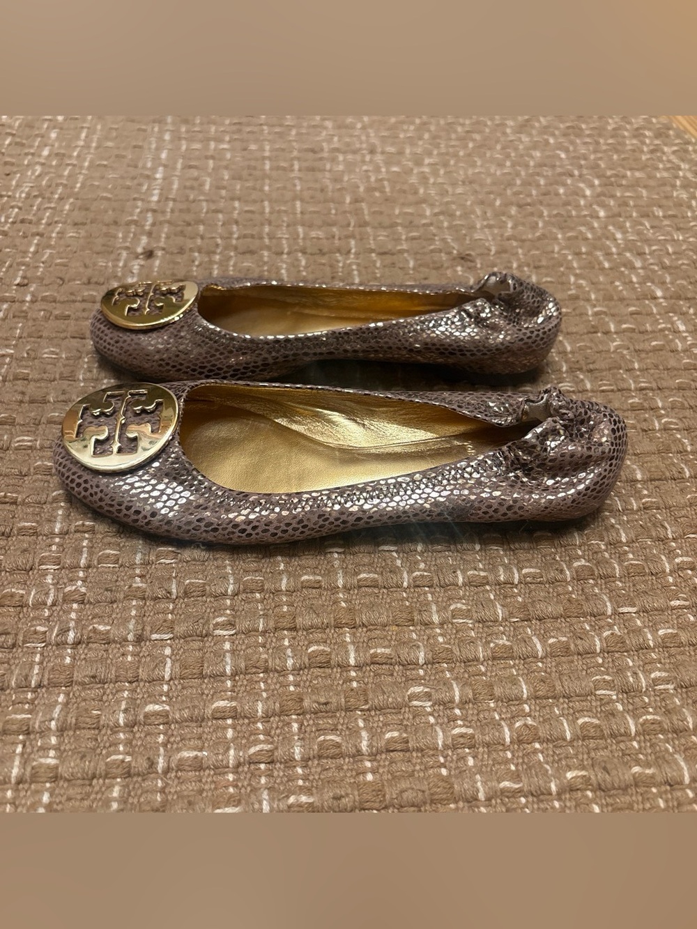Tory Burch Rose Metallic Snake-Effect Logo Ballet Flats